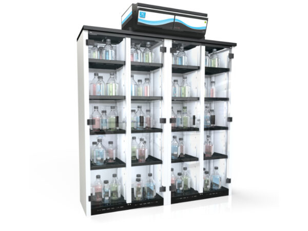 Armoire de stockage de produits chimiques captair 1634 à filtration sans conduit pour le stockage de produits chimiques en laboratoire avec différents compartiments.