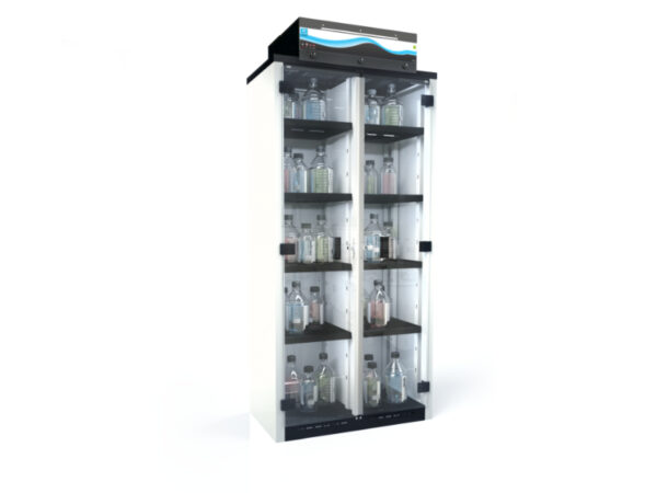 Armoire de stockage de produits chimiques à filtration sans conduit pour le stockage de produits chimiques en laboratoire avec différents compartiments.