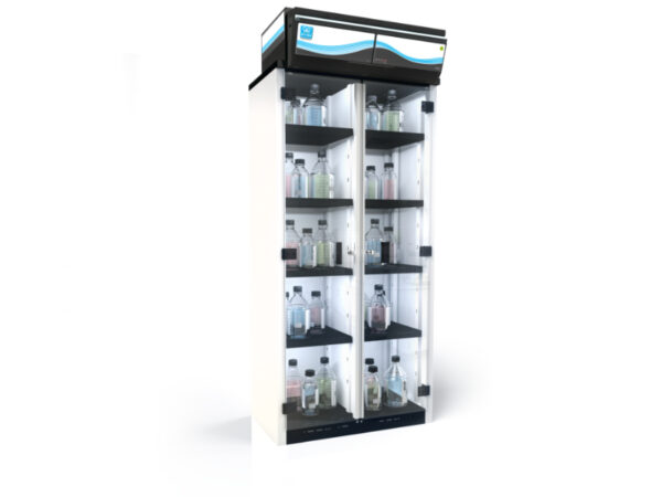 Armoire de stockage de produits chimiques à filtration sans conduit pour le stockage de produits chimiques en laboratoire avec différents compartiments.