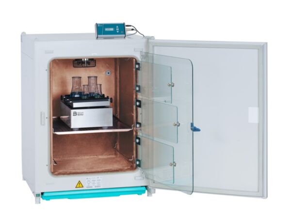 Miniature orbital shaker in CO2 incubators. Controller of the laboratory shaker outside of the climatic chamber.