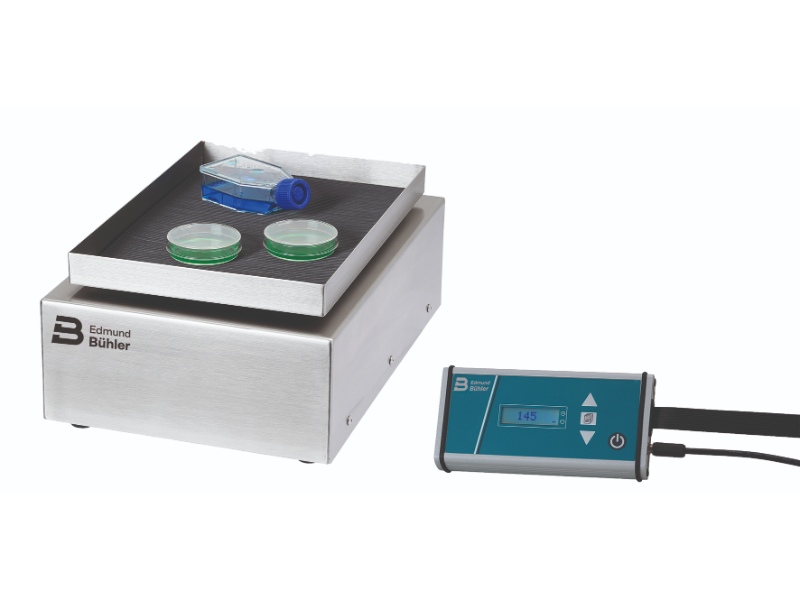 Miniature orbital shaker for use in CO2 incubators. Controller of the laboratory shaker can be placed outside of the climatic chamber.