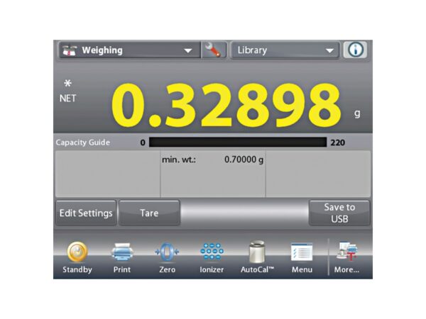 Touch screen controller of ohaus explorer semi-micro balance showing readability and functional buttons for calibration, sensor settings,...