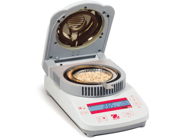Ohaus MB23 moisture analyzer open image with infrared element and laboratory sample