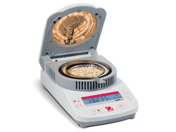 Open MB25 moisture analyzer, so you can see the halogen lamp and drying sample