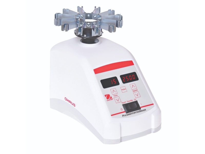 Ohaus vxmnps vortex mixer with tube holder insert and pulsation control for laboratory sample mixing.