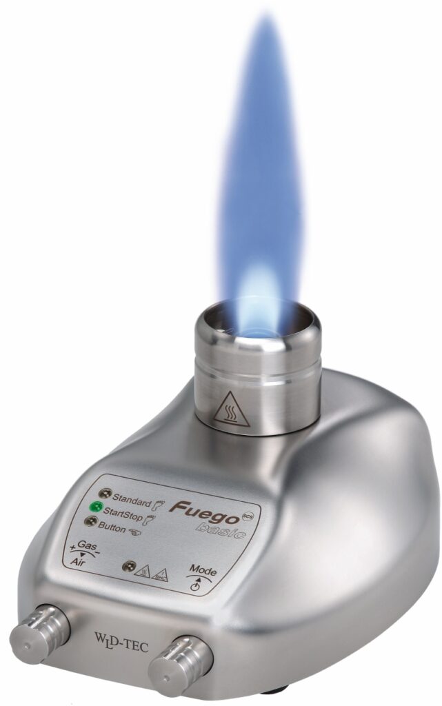 Laboratory gas bunsen burner from WLD-tec with flame for microbiology usage
