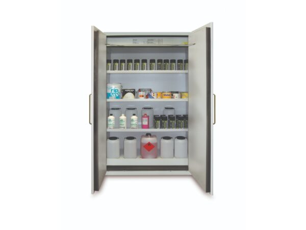 Fire-resistant cabinet 90 minutes – Tall, 2 doors – 3 retention shelves in painted steel, 1 retention tray and 1 grating – W 1200 x D 600 x H 1950 mm. Open chemical storage cabinet