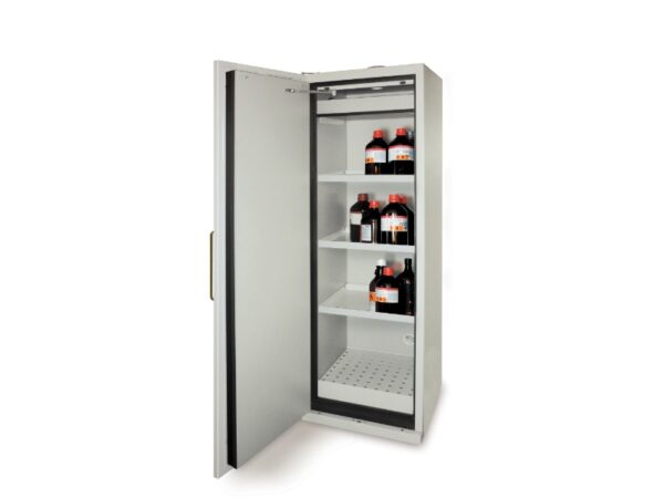 Fire-resistant cabinet 90 minutes – Tall, 1 door – 3 retention shelves in painted steel, 1 retention tray and 1 grating – W 595 x D 600 x H 1950 mm. Open chemical storage cabinet