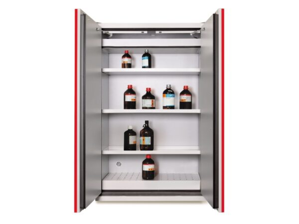 Fire-resistant cabinet 90 minutes – Tall, 2 doors – 3 retention shelves in painted steel, 1 retention tray and 1 grating – W 1200 x D 600 x H 1950 mm. Open storage cabinet