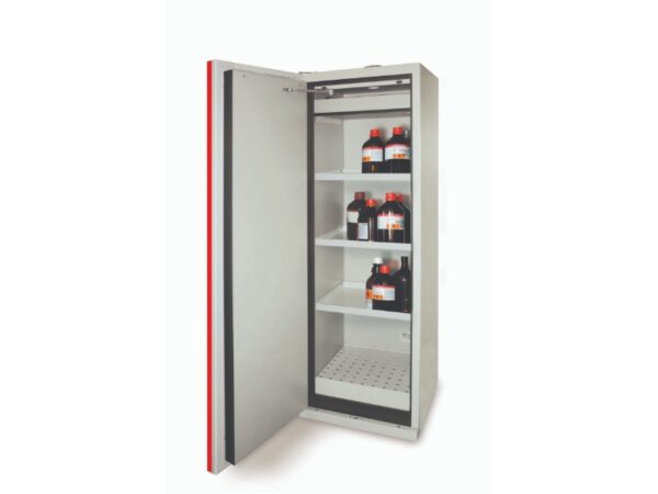 Fire-resistant cabinet 90 minutes – Tall, 1 door – 3 retention shelves in painted steel, 1 retention tray and 1 grating – W 595 x D 600 x H 1950 mm. open unit