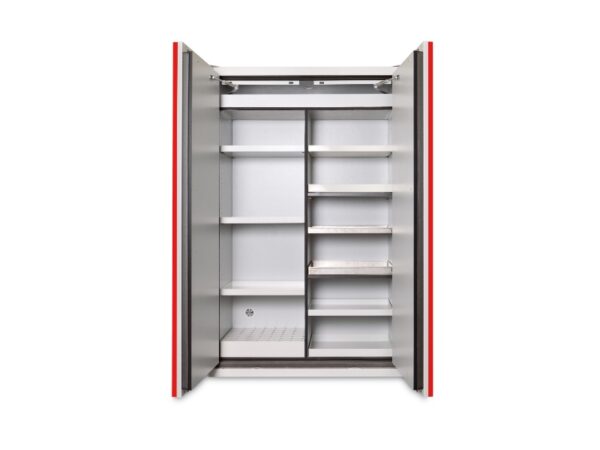 Multi-risk 90 min fireproof chemical storage cabinet for storage of solvents, acids, bases and toxic substances in 1 cabinet. open door