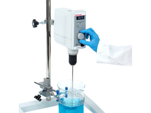 Ohaus achiever 5000 overhead stirrer for mixing lab samples. lab technician controlling device