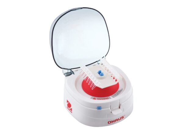 Ohaus Frontier 5306 mini centrifuge for quick spin of microtubes. Tube bank rotor for spinning two 4x 0,2 ml-PCR strips.