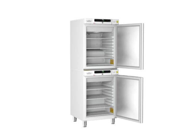 Gram Bioline Biocompact II RR210/RF210 small combo laboratory fridge/freezers with solid open doors and wire shelves for biological samples