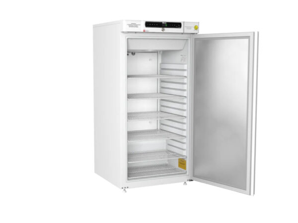 Gram Bioline Biocompact II 310 laboratory fridge or lab freezer with open solid door and wire shelves