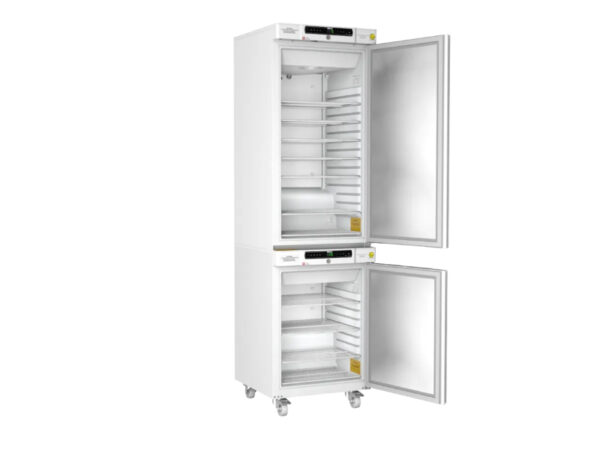 Gram Bioline Biocompact II RR310/RF210 combo laboratory fridge/freezers with solid open doors and wire shelves for biological samples