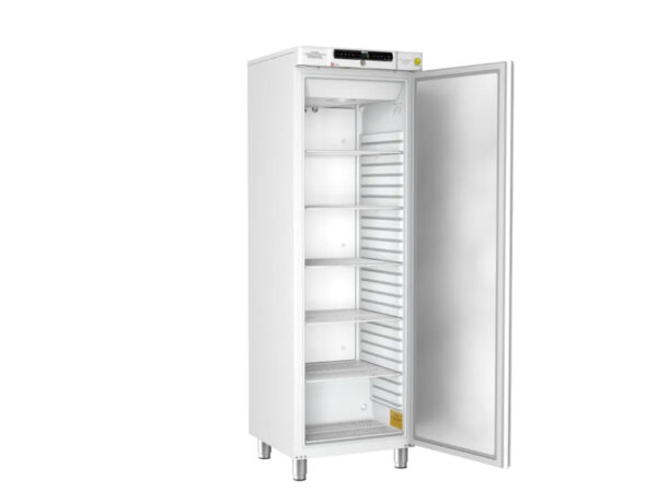 Gram Bioline Biocompact II 410 laboratory refrigerator or lab freezer with open solid door and shelves.