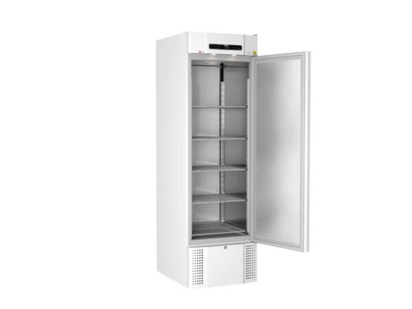 GMP-compliant laboratory refrigerator – BioMidi RR425 shown with open door, ideal for professional environments