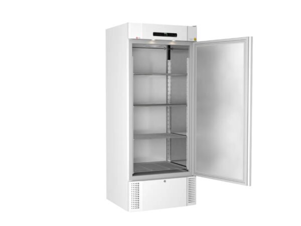 GMP-compliant laboratory refrigerator – BioMidi RR625 shown with open door, ideal for professional environments