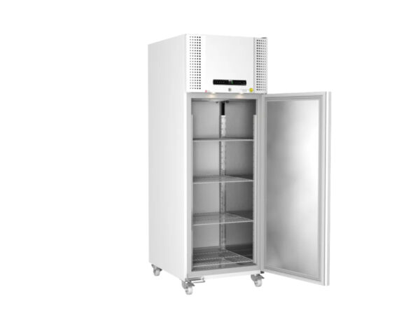 GMP double-door pharmaceutical refrigerator – BioPlus ER600D shown with clean white exterior, ideal for professional environments. Open unit