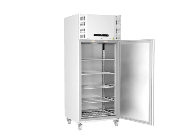 GMP-compliant wide pharmaceutical refrigerator – BioPlus ER600W with open door shown with clean white exterior, ideal for professional environments