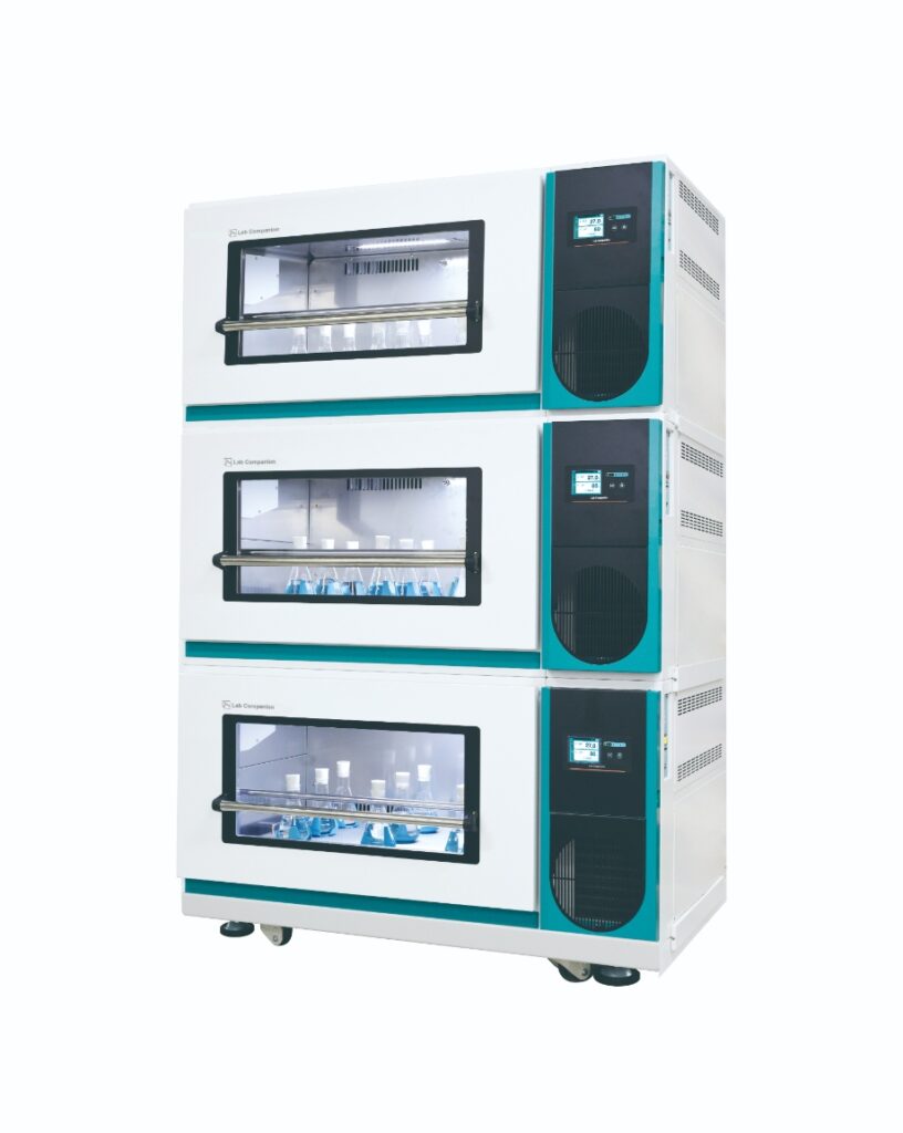 Jeiotech multi-stackable shaking incubators in triple-stack configuration with orbital platform and color touchscreen.