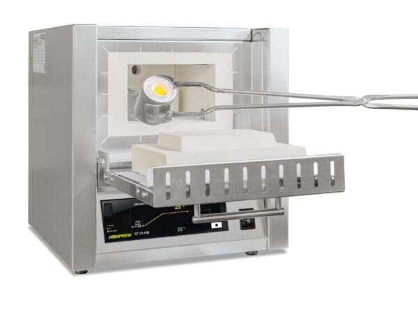 Nabertherm L3/11 laboratory muffle furnace with open chamber and glowing crucible on pull-out tray