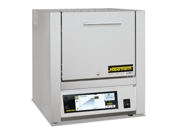 Closed Nabertherm L3/12 muffle furnace with digital touchscreen controller for precise lab heating