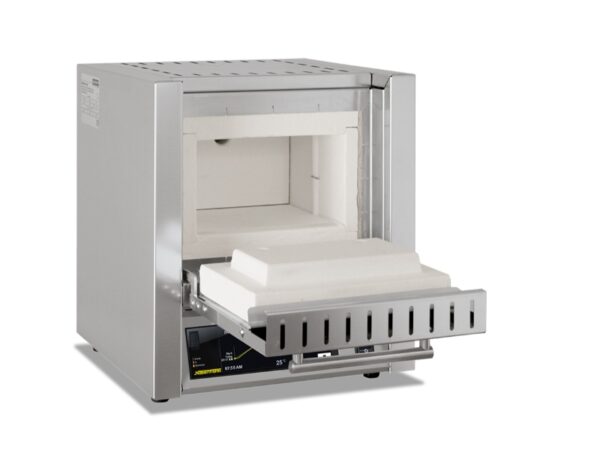 Nabertherm L5/11 bench-top muffle furnace with open chamber and fiber insulation on tray