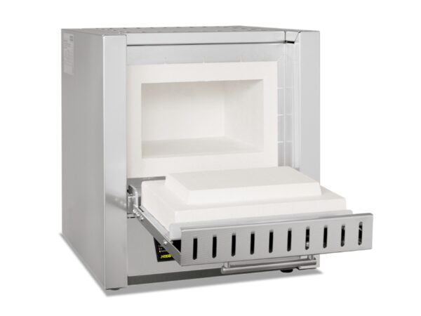 Open Nabertherm L9/11/SKM lab furnace with visible heating elements and pull-out tray