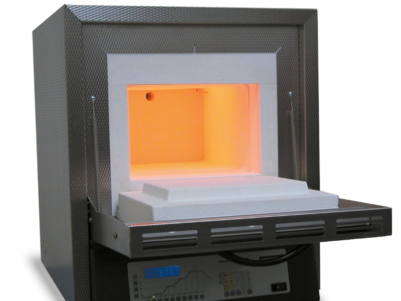 Nabertherm L9 SKM muffle furnace with open glowing chamber at high temperature for laboratory use