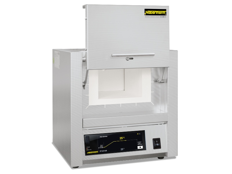 Nabertherm LT 5/12 lab furnace with upward-opening door and touchscreen controller for precise temperature control