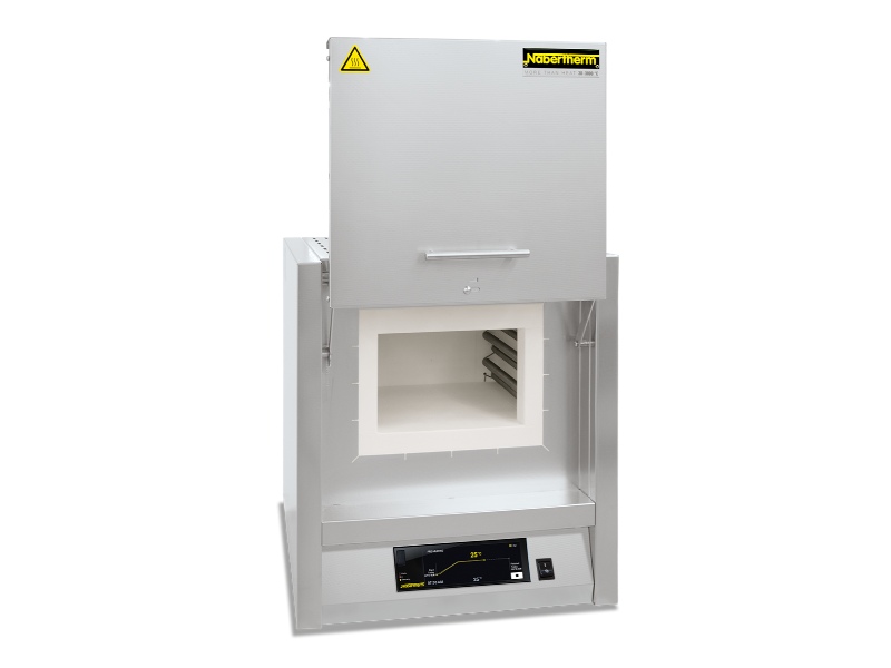 Nabertherm LT 9/14 laboratory muffle furnace with open upward-hinged door and exposed side heating elements