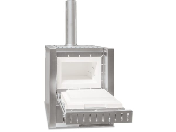 Front-facing Nabertherm LV 5/11 muffle furnace with open chamber and high chimney for exhaust ventilation