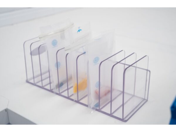 BA6090 Stomacher 80 bag rack with 10-place capacity for organized lab blender sample handling. Back view