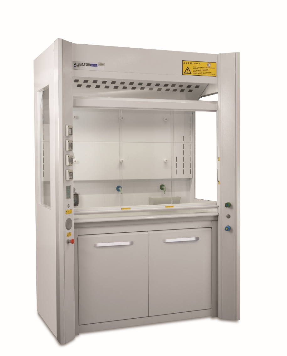 Side view of Asem CP0 single sash fume hood with EN 14175 compliance for laboratories