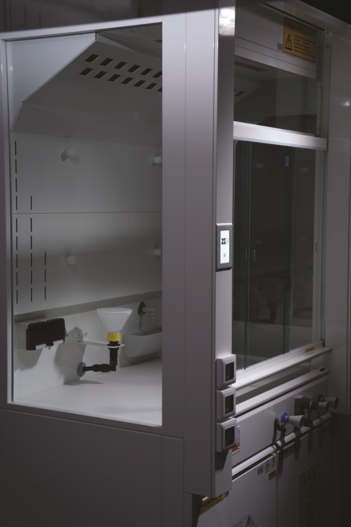 Side detail of Asem Kristal M0 fume hood, EN 14175 certified with integrated safety utilities