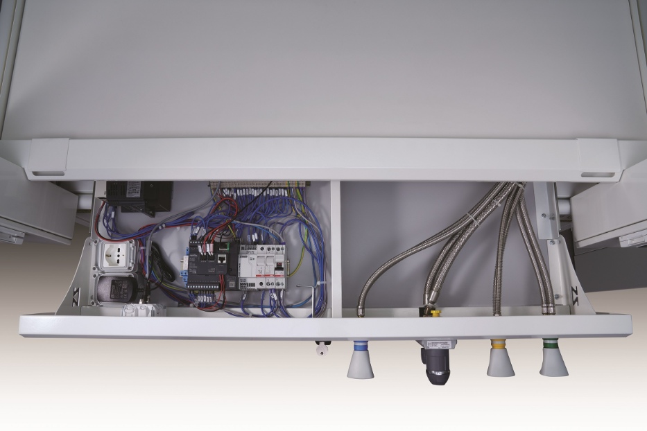 Utility connections and wiring panel of Asem Kristal M0 fume hood, EN 14175 compliant laboratory unit