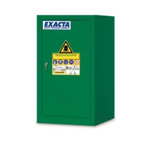 Compact green Exacta pesticide storage cabinet with single door and chemical hazard warning label.