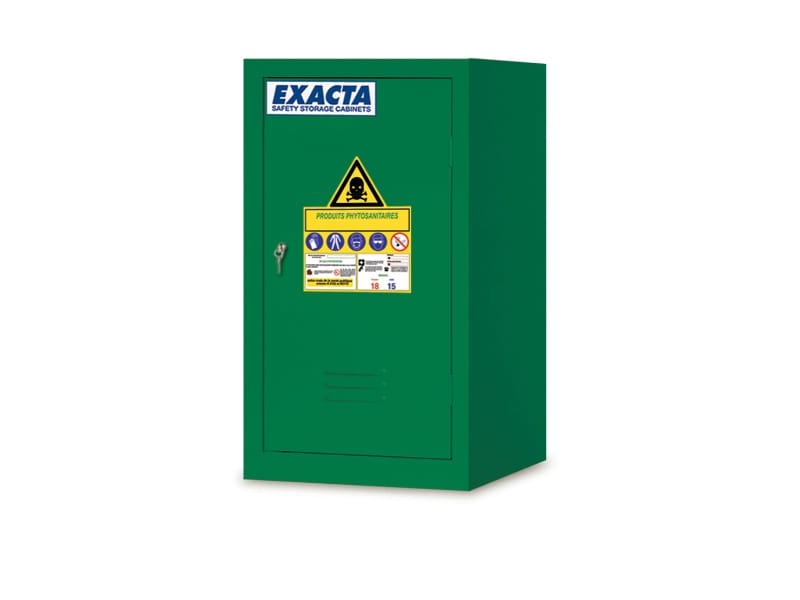 Compact green Exacta pesticide storage cabinet with single door and chemical hazard warning label.