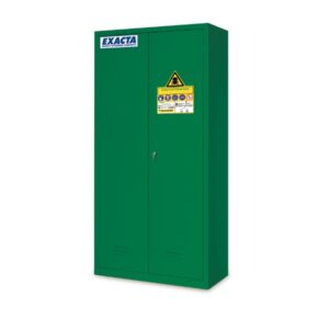 Green Exacta large pesticide storage cabinet with two doors and safety label for phytosanitary products.