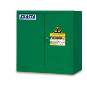 Low-height green Exacta pesticide storage cabinet with double doors and clear phytosanitary warning signage.