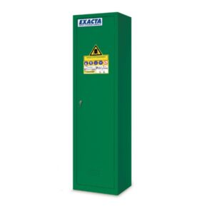 Tall and narrow green Exacta pesticide storage cabinet with single locking door and hazard label for safe storage.