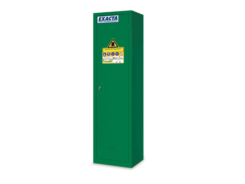 Tall and narrow green Exacta pesticide storage cabinet with single locking door and hazard label for safe storage.