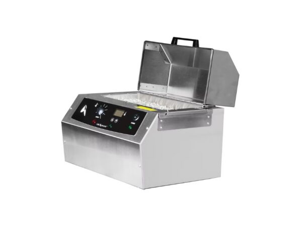 Lab Armor M706 bead bath with lid open, stainless steel chamber filled with bath beads for laboratory heating