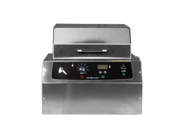 Lab Armor M714 bead bath closed view with stainless steel exterior and digital controls