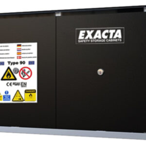 Exacta black lithium battery safety cabinet with dual doors and multilingual Type 90 flammable materials label.