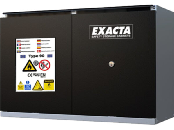 Exacta black lithium battery safety cabinet with dual doors and multilingual Type 90 flammable materials label.