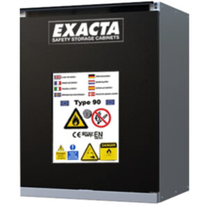 Compact Exacta black lithium battery storage cabinet with safety label for flammable and hazardous materials.