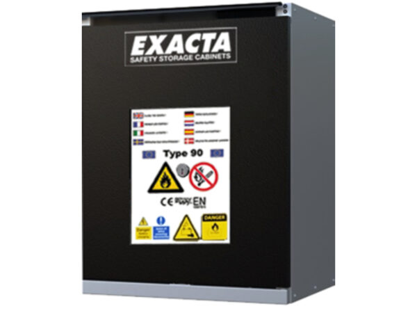 Compact Exacta black lithium battery storage cabinet with safety label for flammable and hazardous materials.